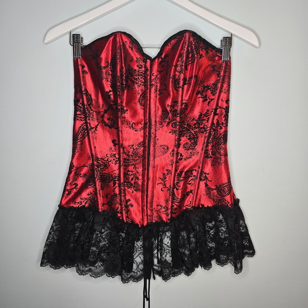 Fredericks Of Hollywood Corset Red Black Lace Boning Bustier Satin Laceup VTG L